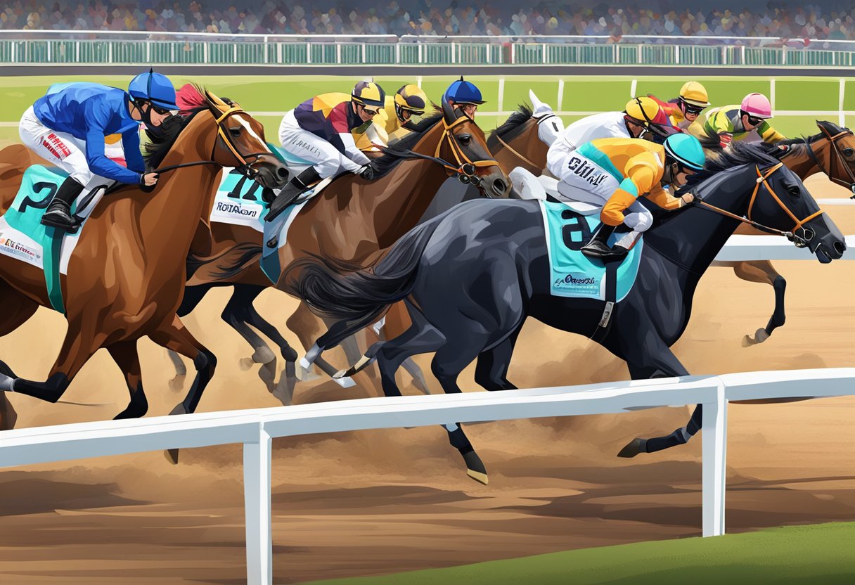 The 2024 horse racing events feature top sponsors, with vibrant banners and logos adorning the race track, creating an atmosphere of excitement and anticipation