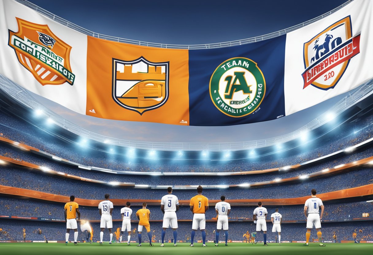 Brightly lit stadium with giant banners of corporate logos adorning the walls, as players in team uniforms pose with their sponsors' products