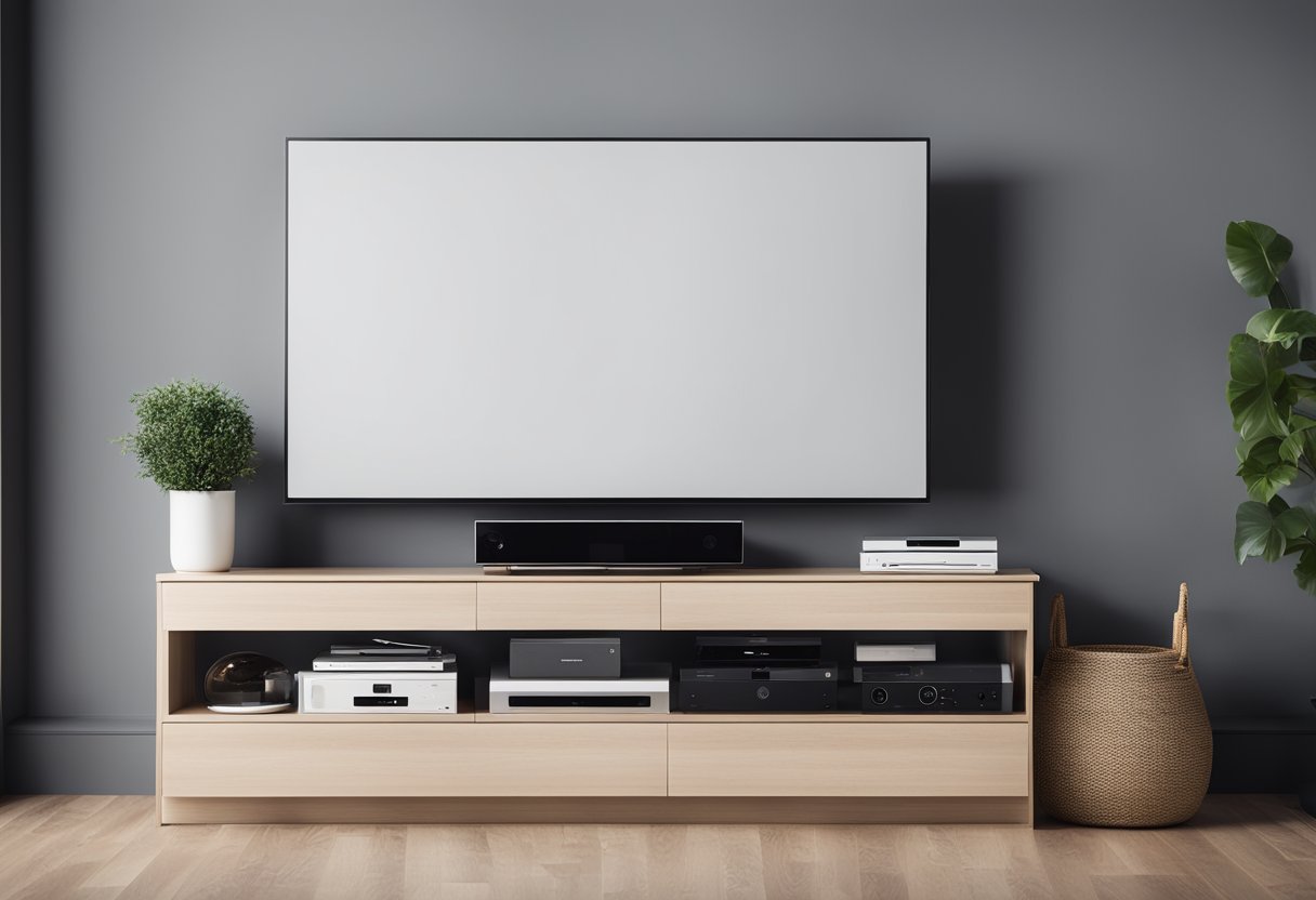 A sleek IPTV box sits on a modern entertainment unit, surrounded by a clutter-free and minimalist living room with a large flat-screen TV