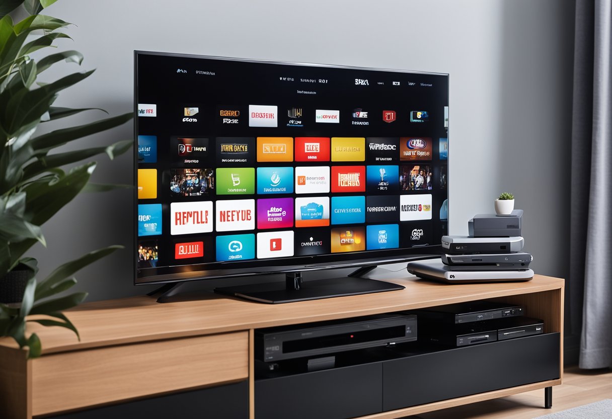 A sleek IPTV box sits on a modern entertainment unit, surrounded by various cables and a high-definition television. The setup is clean and minimalist, with the box prominently displayed