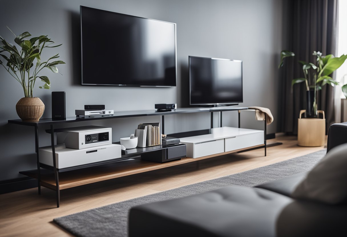 A sleek IPTV box sits on a modern entertainment center, surrounded by a high-definition TV, speakers, and a comfortable sofa