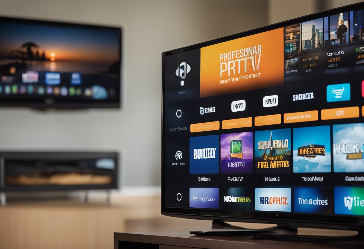 An IPTV Smarters Pro app being used on a Fire TV, with the screen displaying various playback functions and options