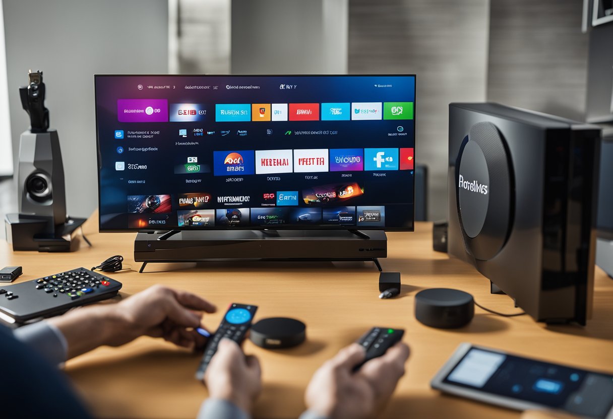 A person troubleshooting IPTV Smarters Pro on a Fire TV, with a puzzled expression and a remote control in hand, surrounded by electronic devices and cables