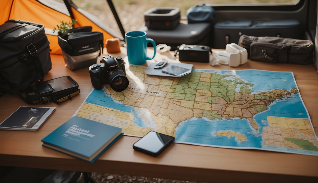 A colorful map spread out on a table, surrounded by camping gear and guidebooks. A small RV parked outside with a "Beginner's Guide" sign in the window