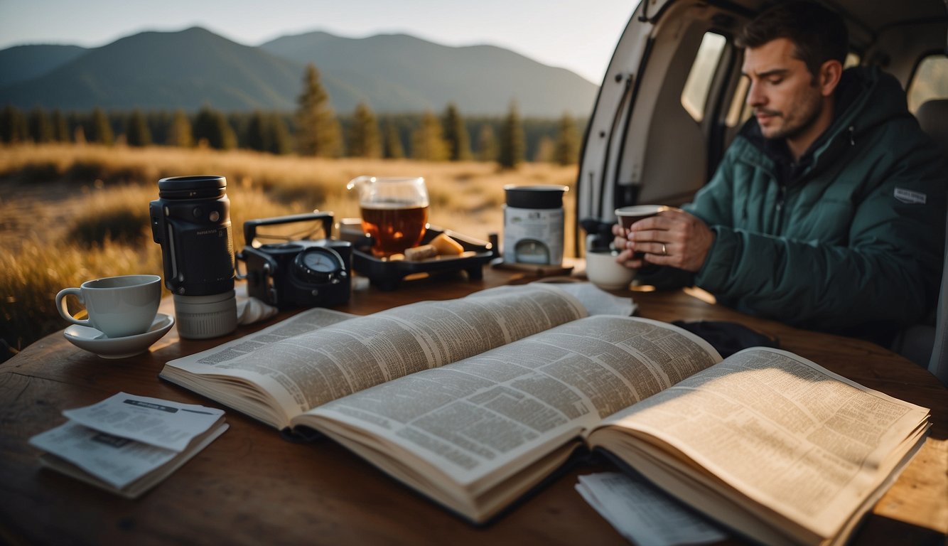 A person reading beginner's guides on RV travel, surrounded by maps, camping gear, and a cozy atmosphere