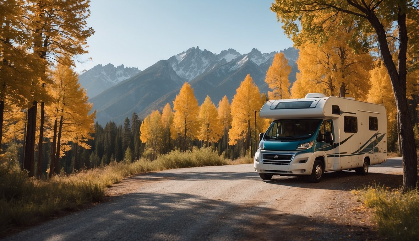 A colorful RV parked next to a winding road, with a guidebook and map on the dashboard. A scenic landscape with mountains and trees in the background