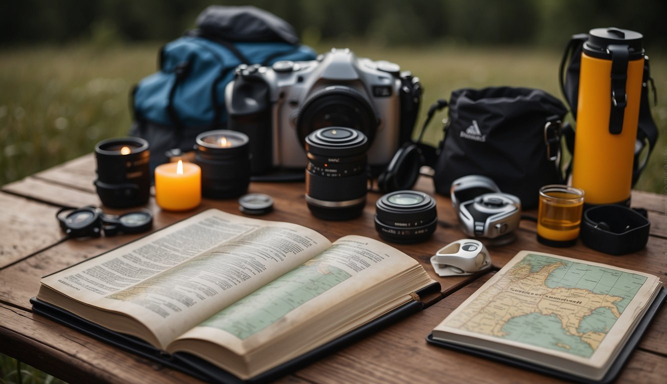 An open guidebook lies on a table next to a map, flashlight, and camping gear. A checklist of essential supplies is displayed, ready for a beginner RV traveler to embark on their journey