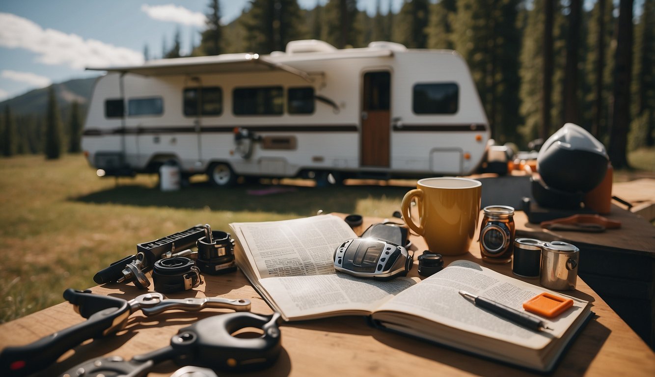 A person reading a beginner's guide to RV maintenance and care, surrounded by tools, equipment, and a recreational vehicle