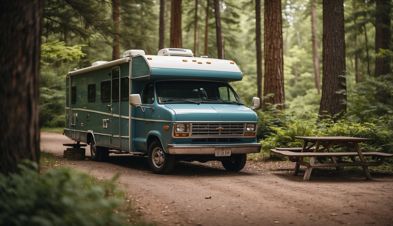 A colorful RV parked in a scenic campground, surrounded by lush trees and a winding river. A guidebook and map sit on the picnic table, ready for a beginner's adventure
