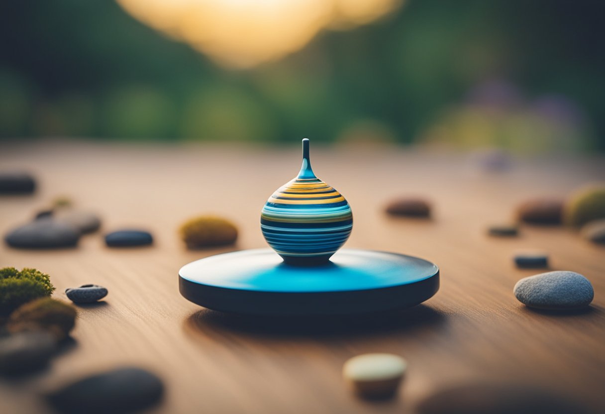 A spinning top surrounded by various calming elements like nature, soothing colors, and relaxation tools