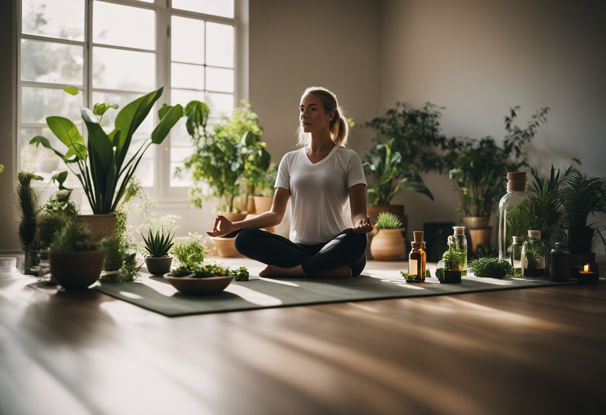 A serene, clutter-free room with natural light and plants. A person practicing yoga or meditation, surrounded by essential oils and herbal remedies