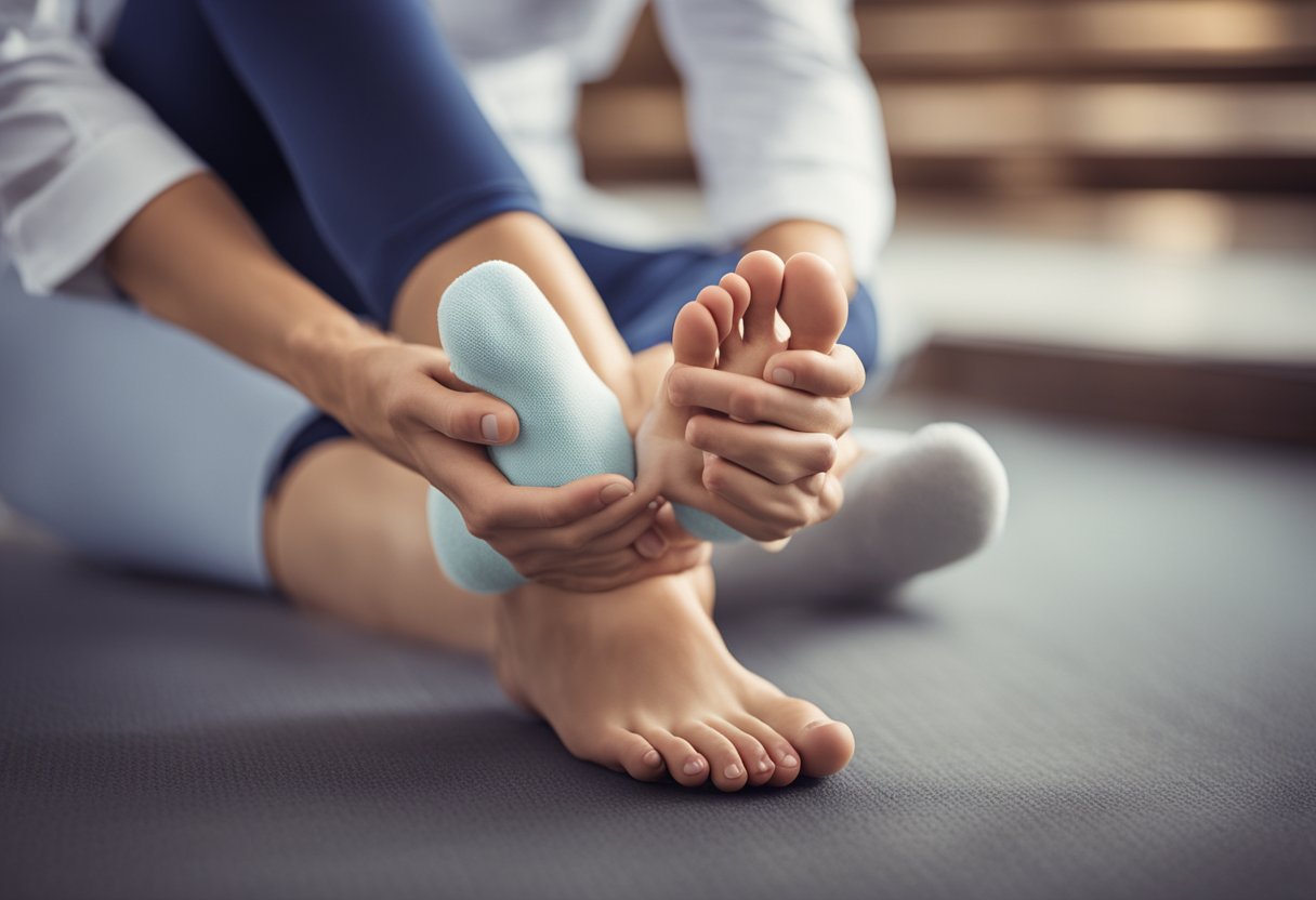 A person sitting with their feet elevated, surrounded by various methods to alleviate swollen feet (ice packs, compression socks, elevation cushion, etc)