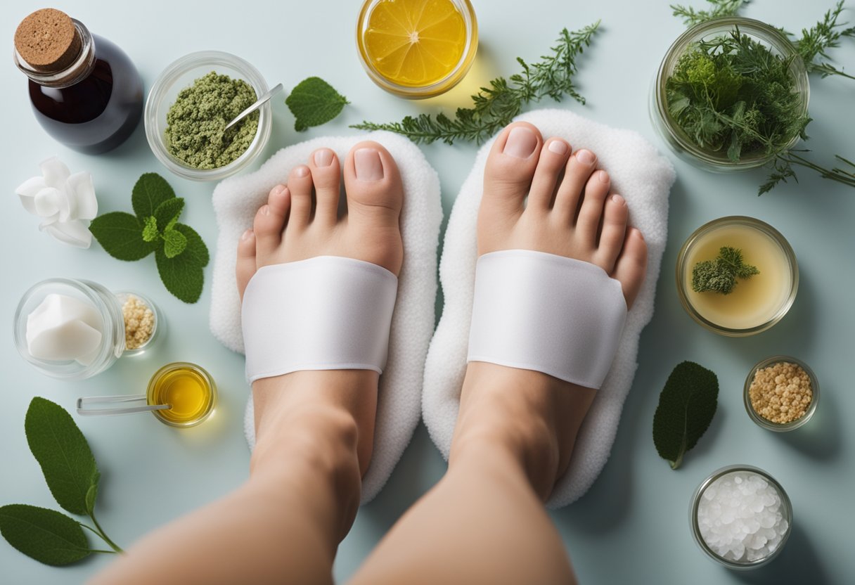 A person's feet surrounded by various natural remedies and treatments, such as ice packs, elevation cushions, and herbal ointments, to alleviate swelling