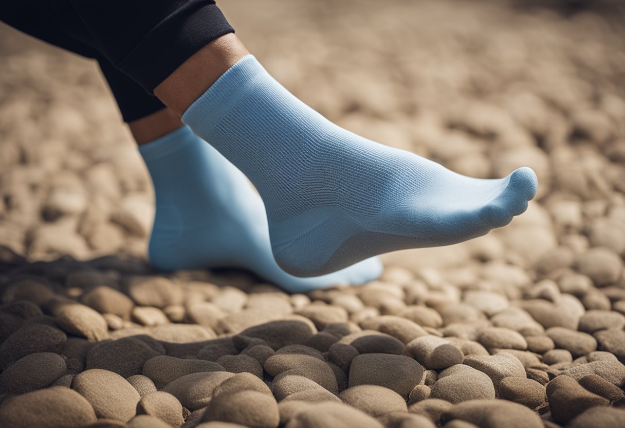 A person elevates their swollen feet while using various methods such as compression socks, cold therapy, and gentle exercise to alleviate discomfort