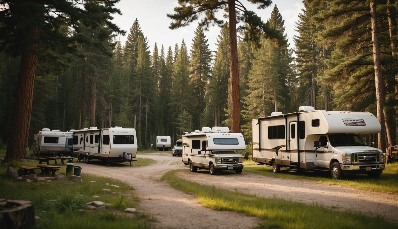 A group of RVs parked in a scenic campground, surrounded by towering trees and a winding river. A sign welcomes outdoor adventure seekers