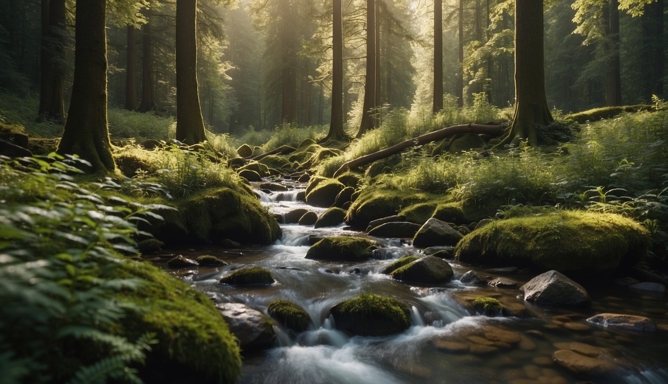 A serene forest clearing with a bubbling stream, surrounded by vibrant flora and fauna. A variety of wildlife, including birds, deer, and small mammals, can be seen going about their natural activities