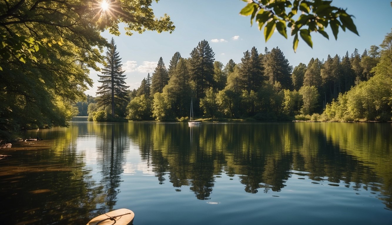 Sailboats and kayaks glide across a serene lake, surrounded by lush green trees and a clear blue sky. A family of ducks paddles nearby, adding to the tranquil scene