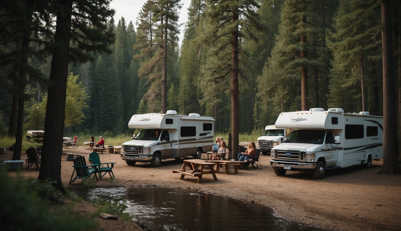 RVs parked in a scenic campground surrounded by tall trees and a flowing river. A group of travelers gather around a campfire, sharing stories and laughter
