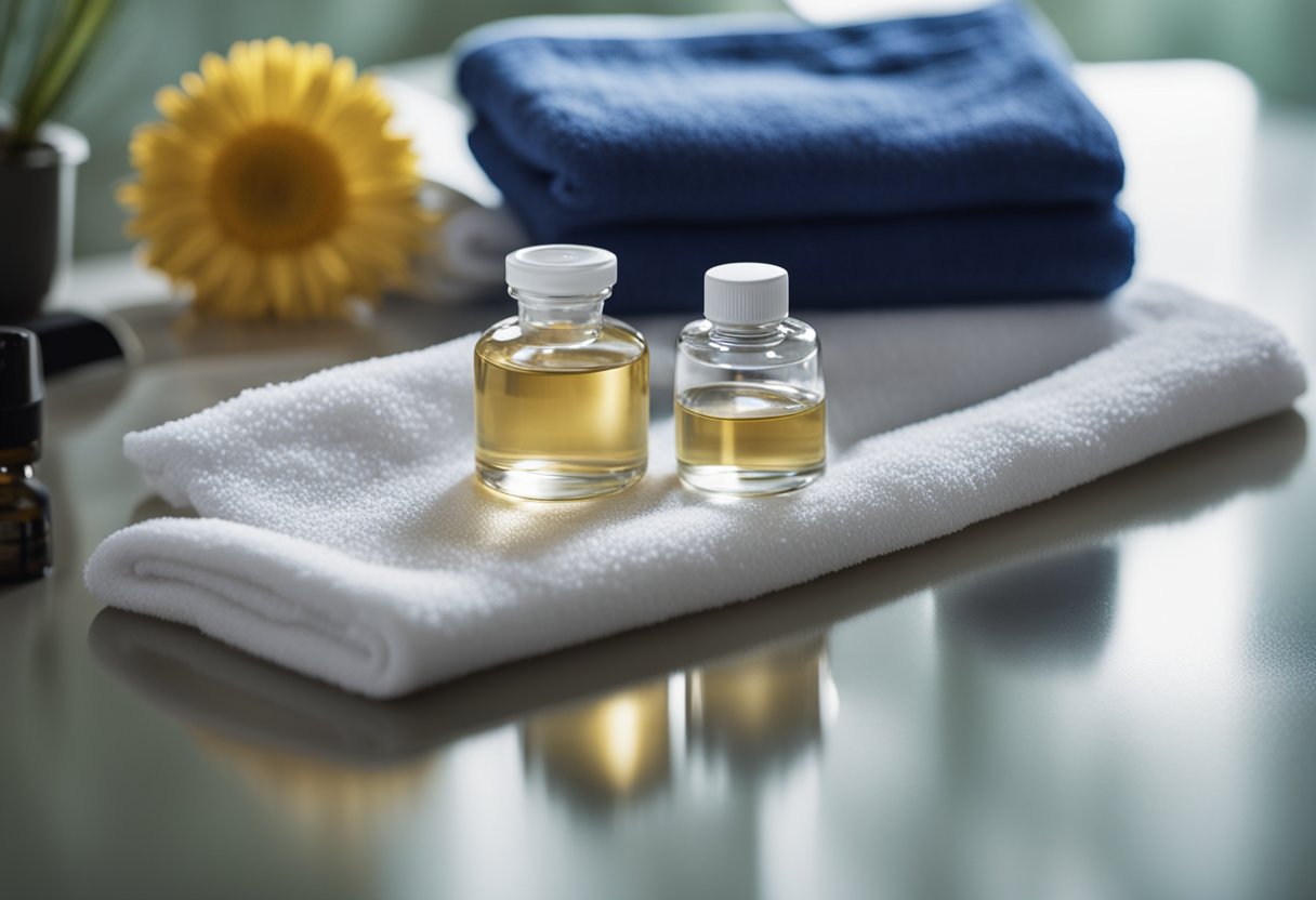 A bottle of eye drops next to a clean towel, a pair of glasses, a contact lens case, and a hand washing station