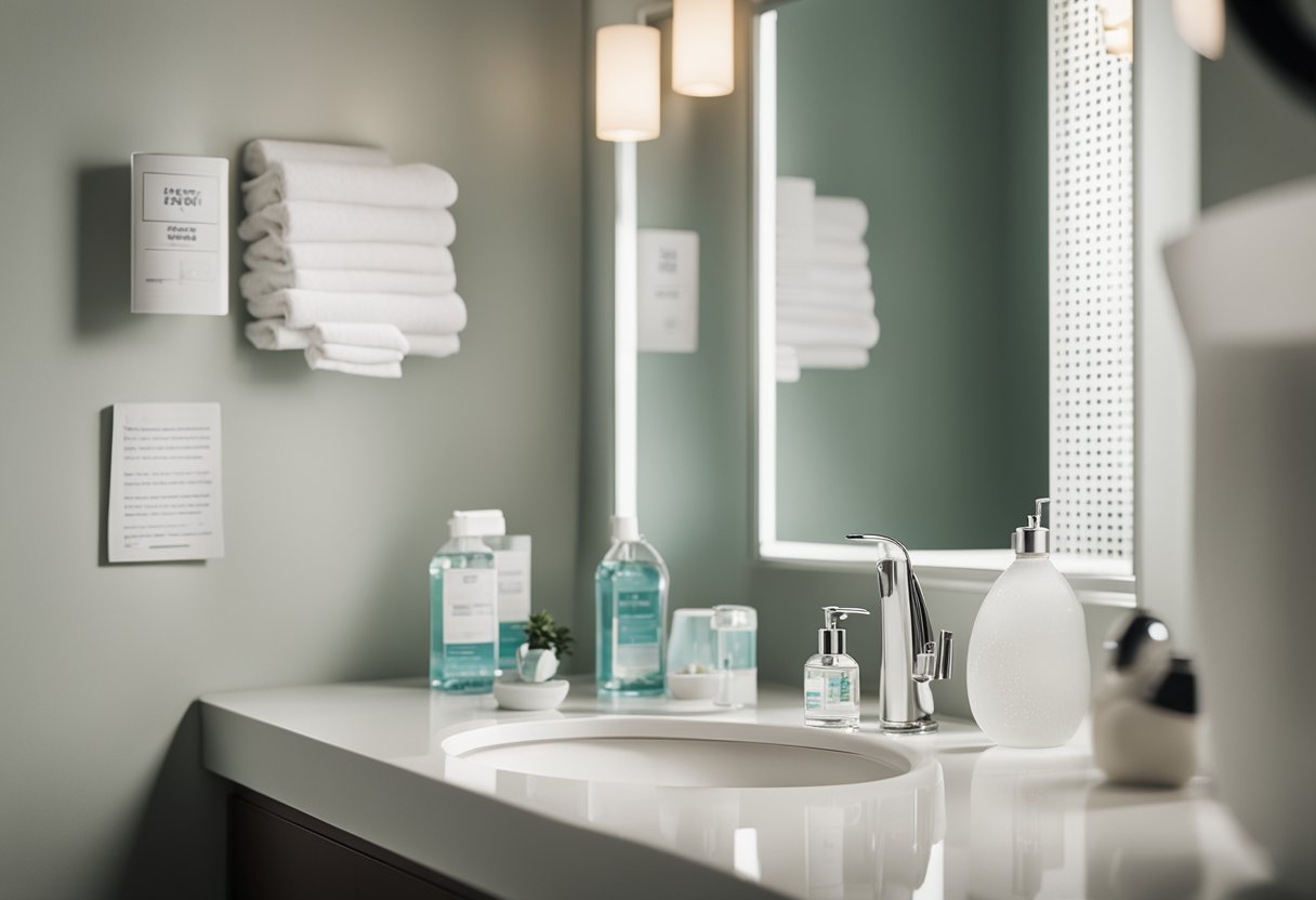 A clean bathroom counter with a bottle of hand sanitizer, a box of tissues, and a pair of glasses. A poster with tips for preventing eye infections hangs on the wall