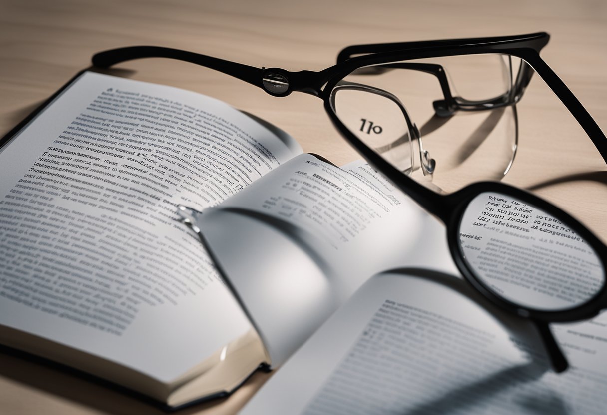 A person reading a book with red, irritated eyes. A bottle of eye drops and a pair of glasses on a table. A computer screen with the title "10 Simple Ways to Manage and Prevent Eye Infections" displayed