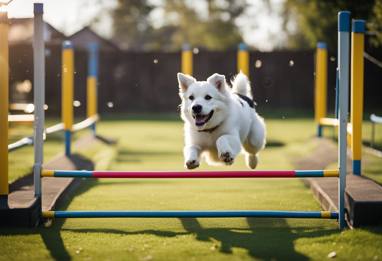 A dog navigates through an agility course in a backyard. Obstacles include tunnels, jumps, weave poles, and a pause table