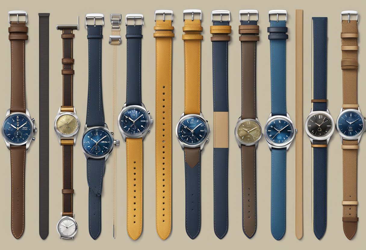 A variety of watch straps displayed on a clean, well-lit surface. Leather, metal, and fabric options are neatly arranged for easy comparison