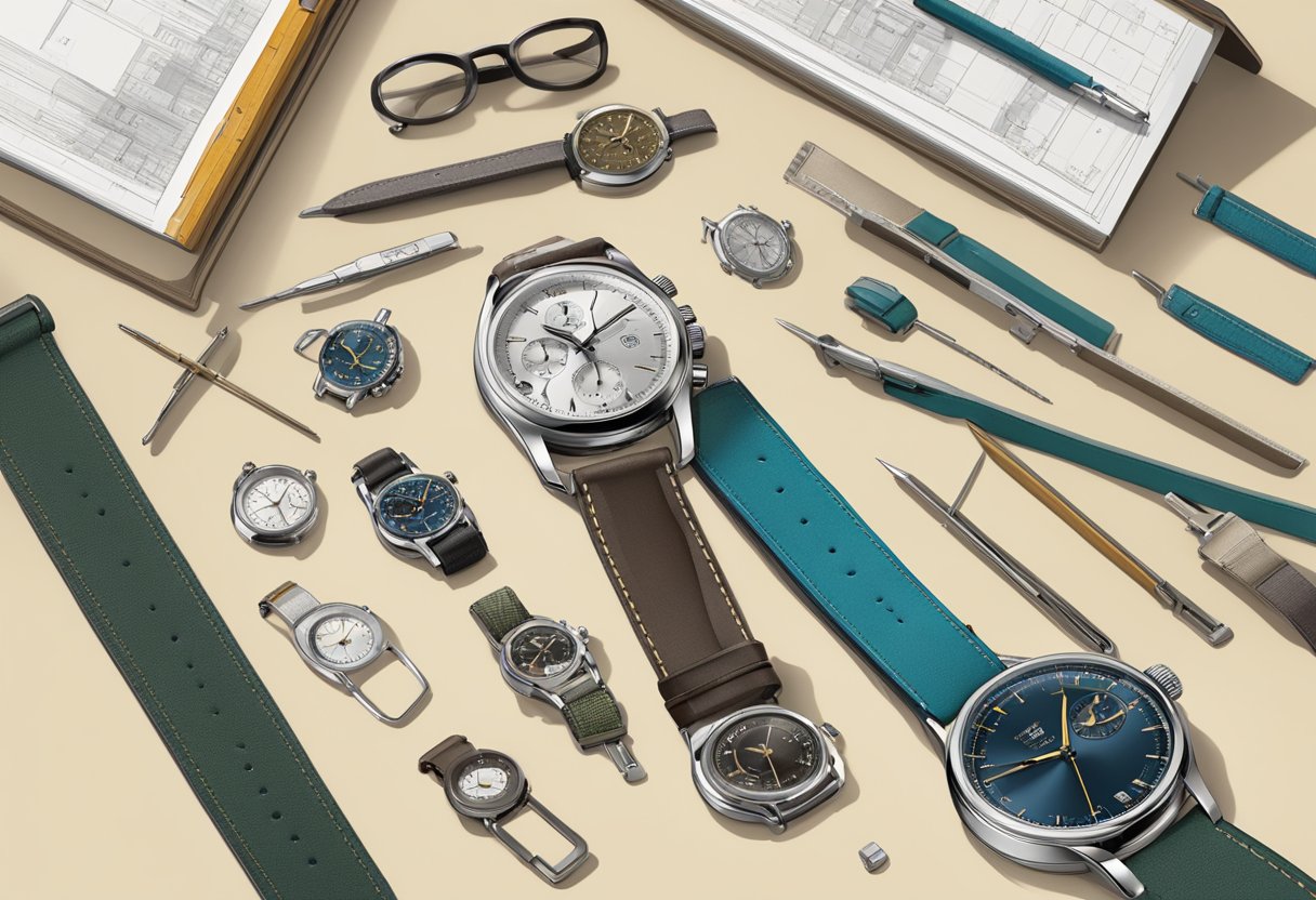 A table with various watch straps displayed, including leather, metal, and nylon options. A magnifying glass and ruler are nearby for inspection