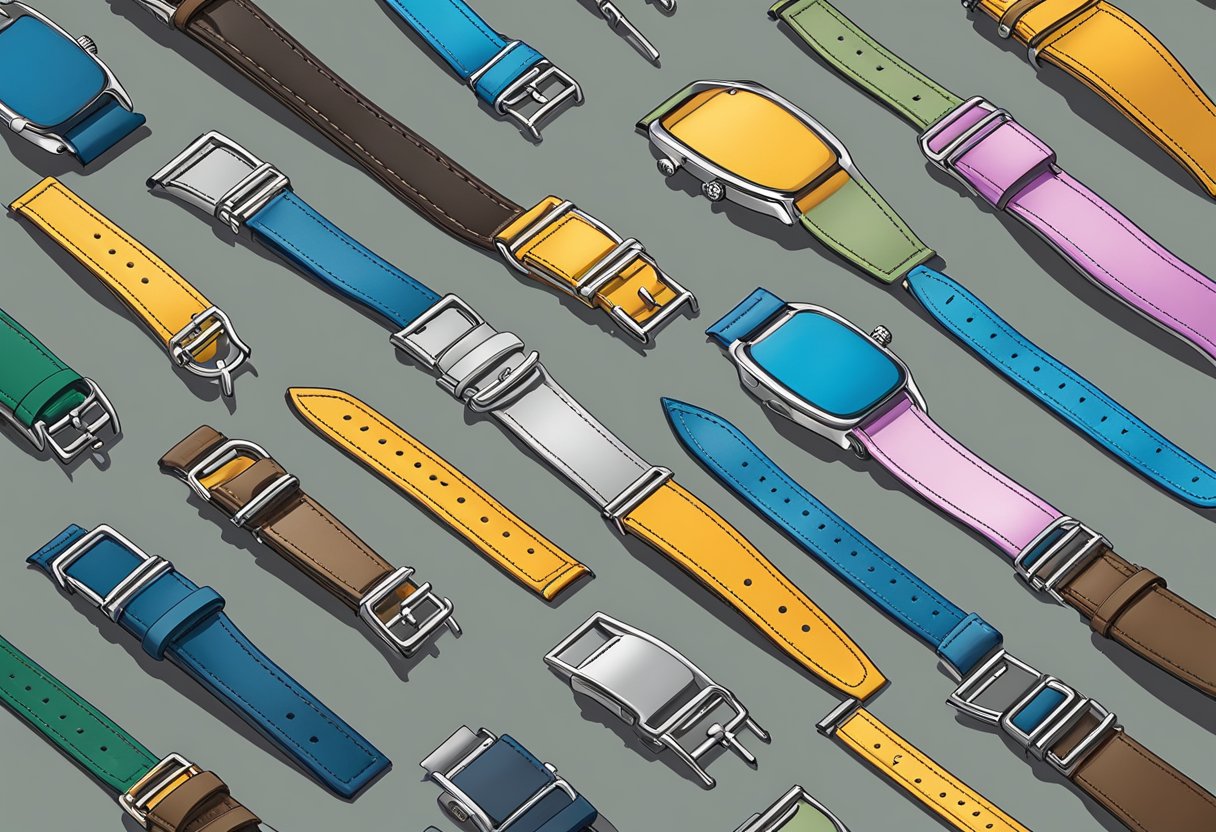 A watch strap being carefully selected from a range of options, with a focus on material, color, and style