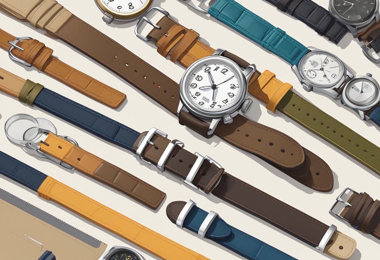 A display of various watch straps in different materials, colors, and styles arranged neatly on a table with a magnifying glass and ruler for measuring