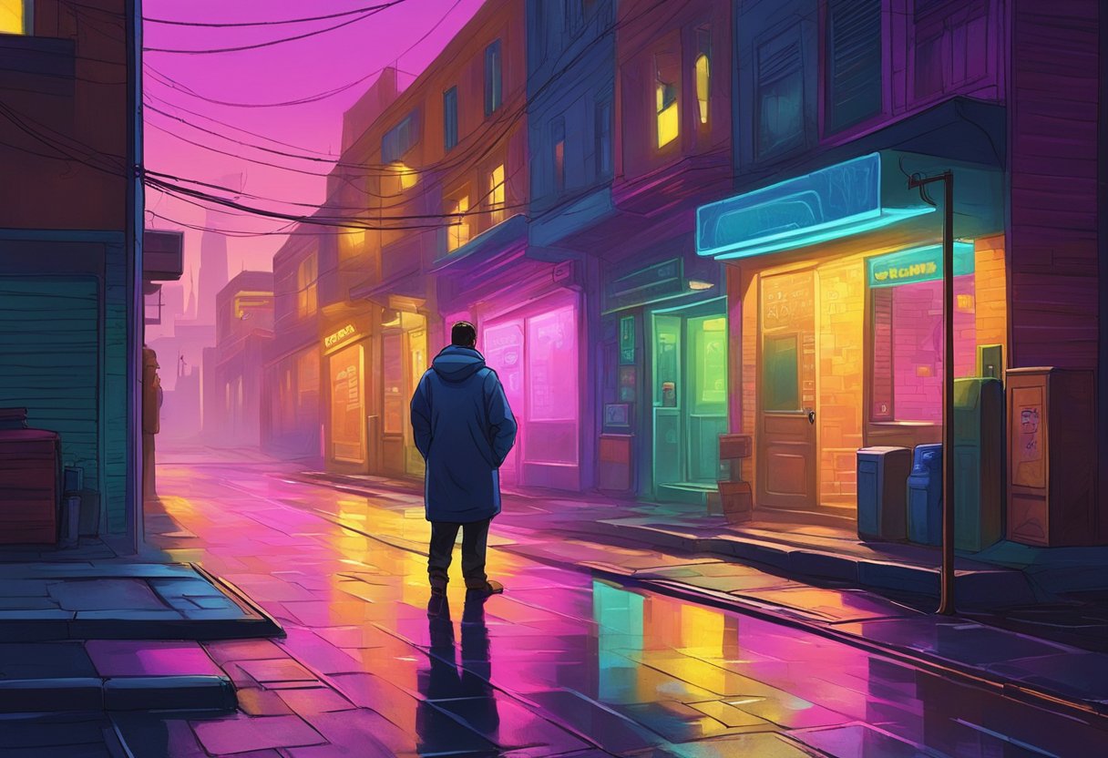 A dimly lit alley with neon signs, casting a colorful glow on the wet pavement. A lone figure waits outside a nondescript door, hinting at the secretive world of late-night part-time work