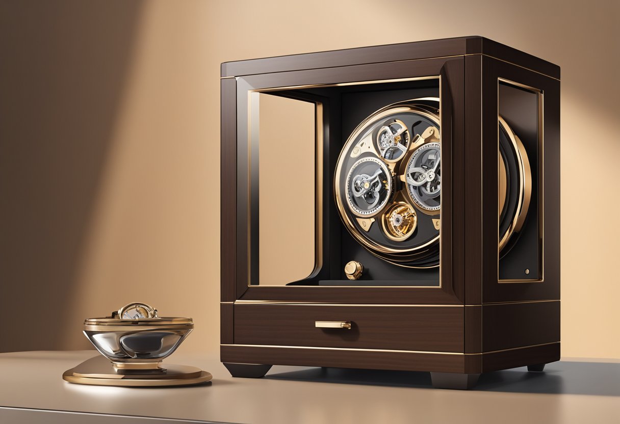 A watch winder sits on a sleek wooden dresser, softly rotating a luxurious timepiece. The room is bathed in warm, natural light, creating a sense of elegance and refinement