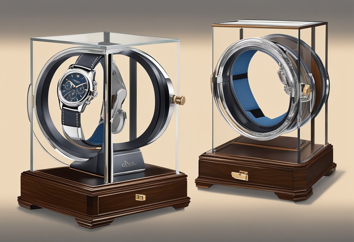 A sleek watch winder sits on a polished wooden dresser, gently rotating a luxurious timepiece. The soft glow of the display case highlights the intricate details of the watch, showcasing its elegance and precision