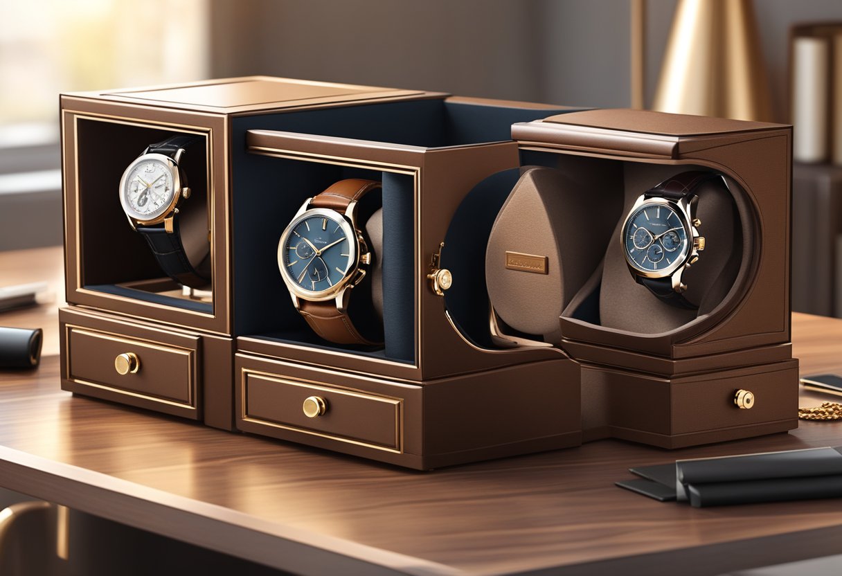 A sleek, modern watch winder sits on a polished wooden desk, surrounded by luxurious leather-bound watch boxes and elegant timepieces