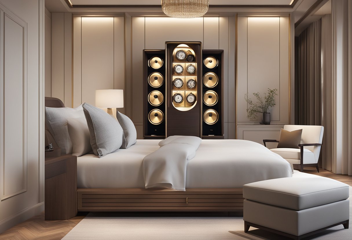 A watch winder sits on a sleek wooden dresser, gently rotating a luxurious timepiece. The soft glow of the room's lighting highlights the elegant design of the winder, creating a sense of sophistication and precision