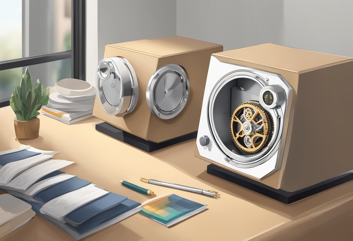 A watch winder sits on a clean, clutter-free surface. A single watch is securely placed inside, with the winder's mechanism gently rotating the timepiece to keep it wound and accurate