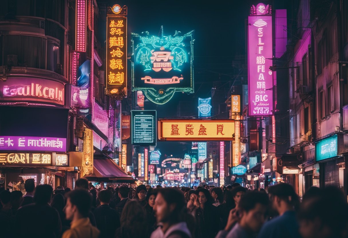 A vibrant nightlife district with neon signs and bustling crowds