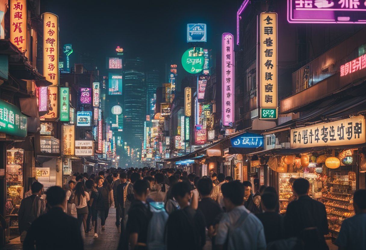 A bustling nightlife district with neon signs and crowded bars, depicting the concept of "유흥알바" or entertainment part-time job