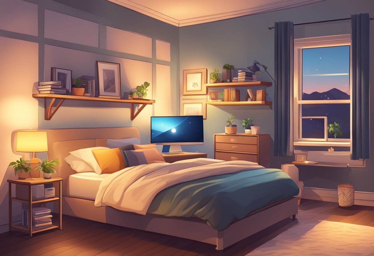 A cozy room with a neatly made bed, a desk with a computer, and a warm lamp glowing in the corner