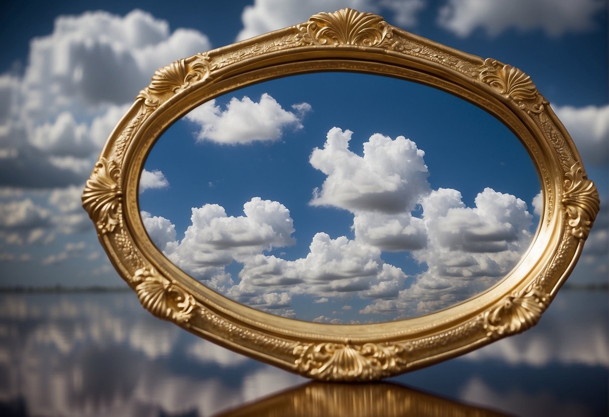A mirror reflects various symbols of identity: hobbies, beliefs, and achievements. A cloud of thoughts hovers above, shaping self-concept