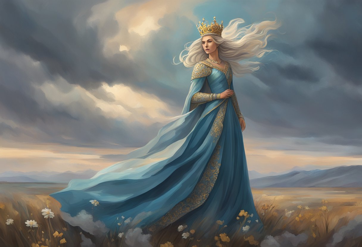 A queen stands in a desolate landscape, her tear-stained face turned towards the stormy sky. Her flowing gown billows in the wind as she clutches a wilting flower in her hand