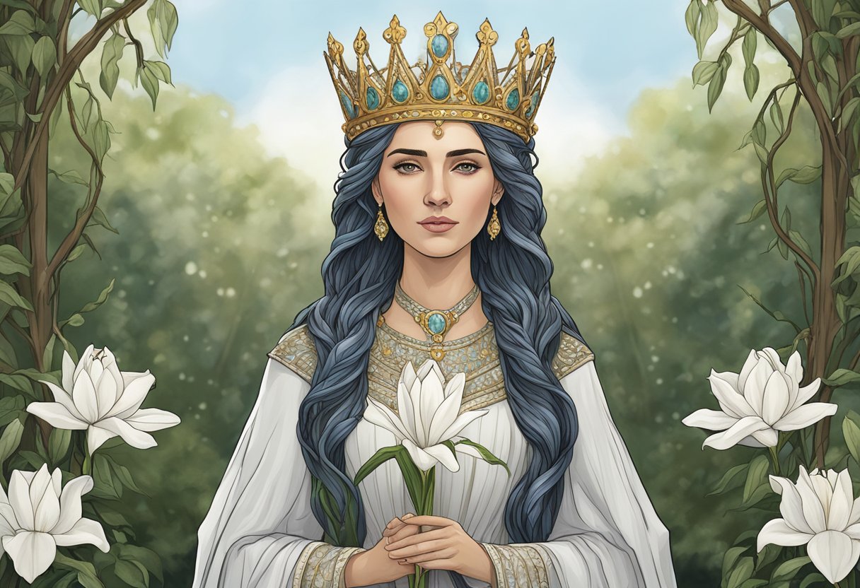 A regal queen stands in a garden of weeping willows, her eyes glistening with tears. A crown of thorns adorns her head as she holds a single white lily in her hand