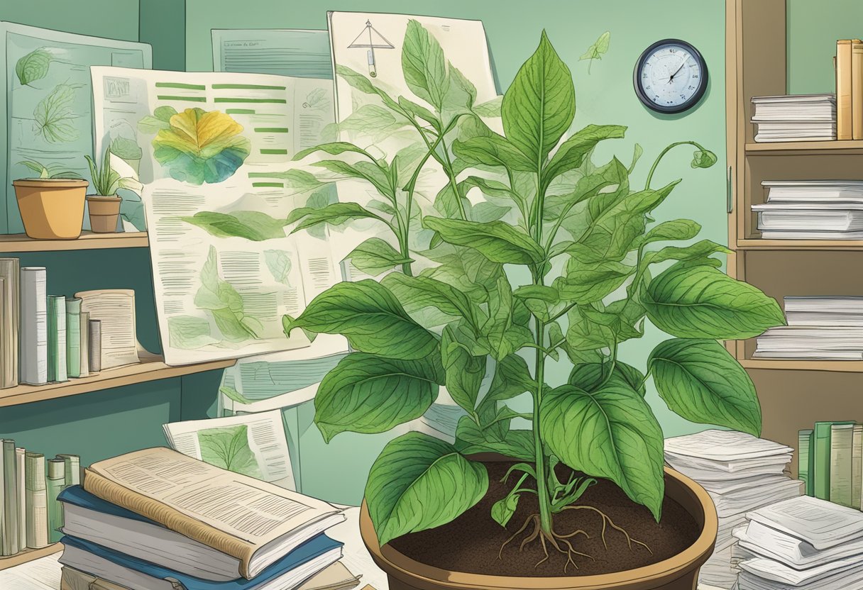Tobacco plant surrounded by scientific studies and medical journals, with a question mark hovering above