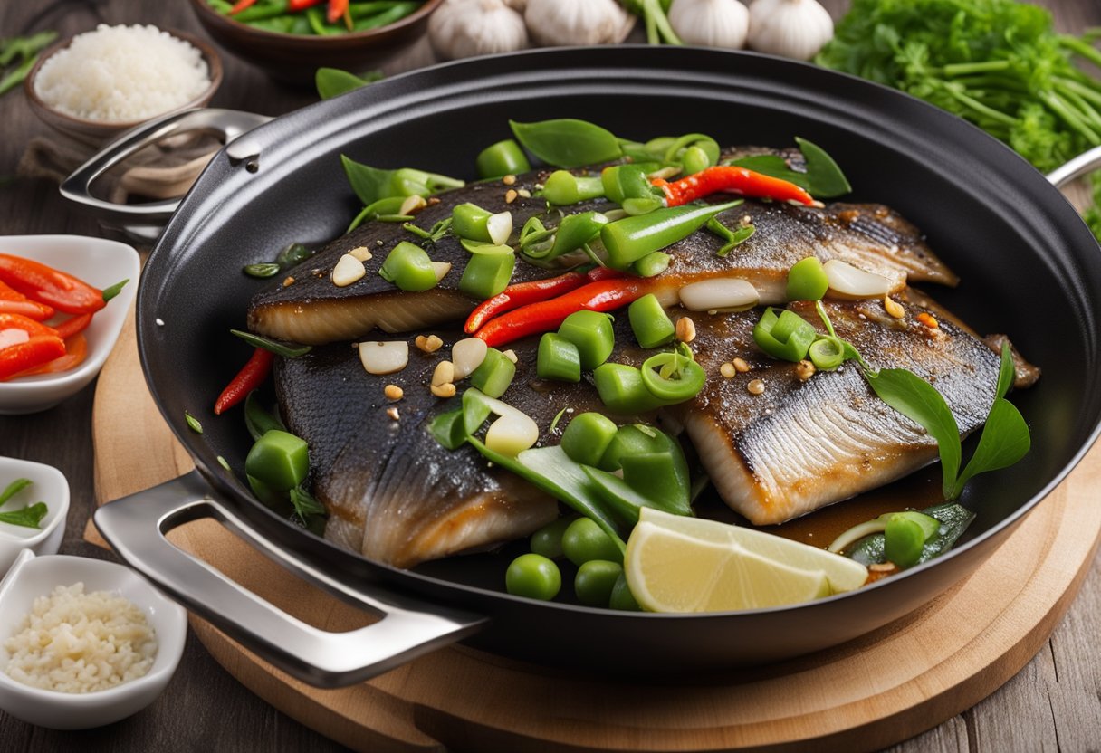 Sea bass sizzling in a wok with ginger, garlic, and soy sauce. Aromatic steam rising. Green onions and chili peppers nearby