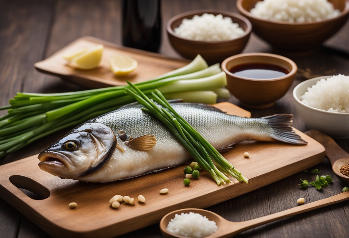 Sea bass, ginger, garlic, soy sauce, and green onions laid out on a wooden cutting board. A bowl of sesame oil and a bottle of rice wine vinegar nearby