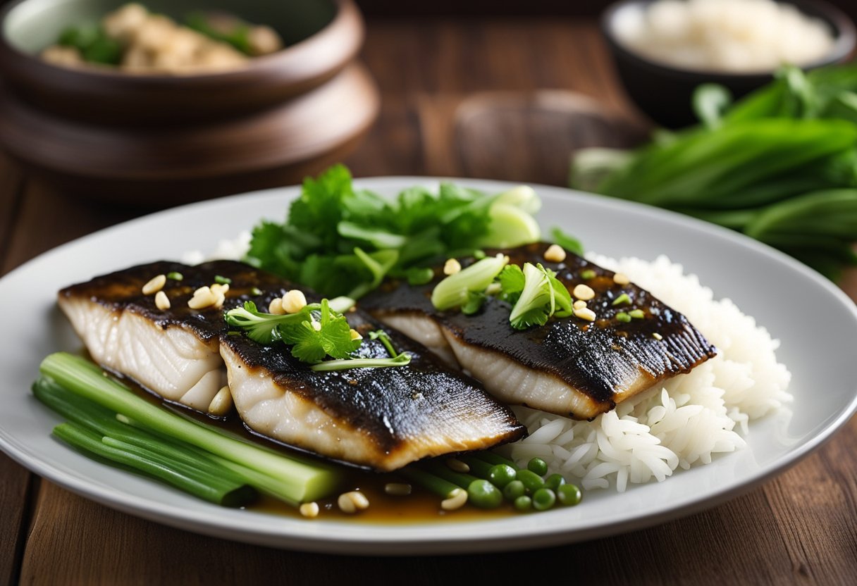 Sea bass marinated in soy sauce, ginger, and garlic. Sliced scallions and cilantro for garnish. Steamed with a side of bok choy and jasmine rice