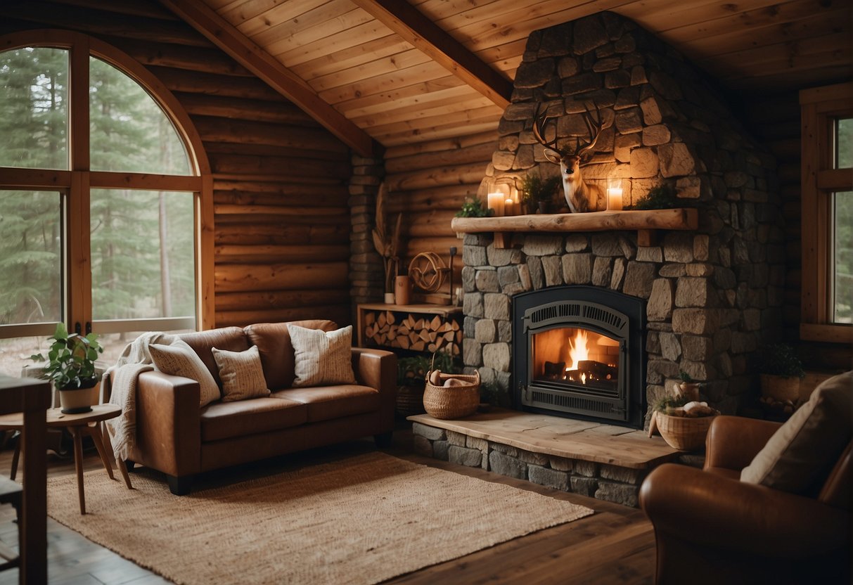 A cozy, rustic cabin nestled in a lush forest, with a crackling fireplace and warm, inviting glow. Rustic furniture and natural elements create a sense of authentic living