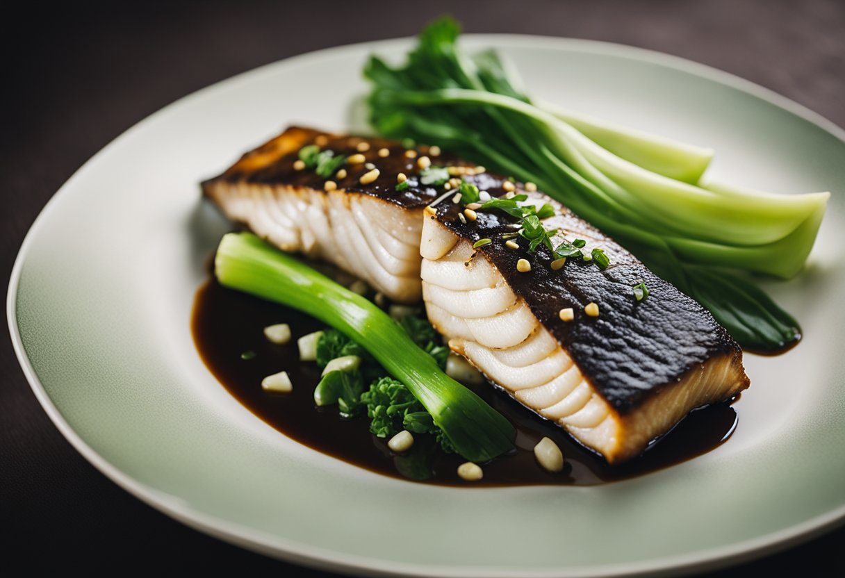 A whole sea bass, marinated in Chinese spices, is elegantly plated with a side of steamed bok choy and drizzled with a savory ginger soy sauce
