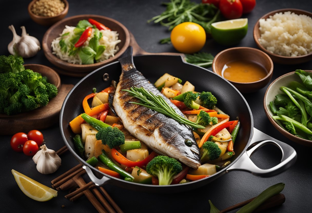 A chef stir-fries sea bass with ginger, garlic, and soy sauce in a sizzling wok, surrounded by colorful vegetables and aromatic spices