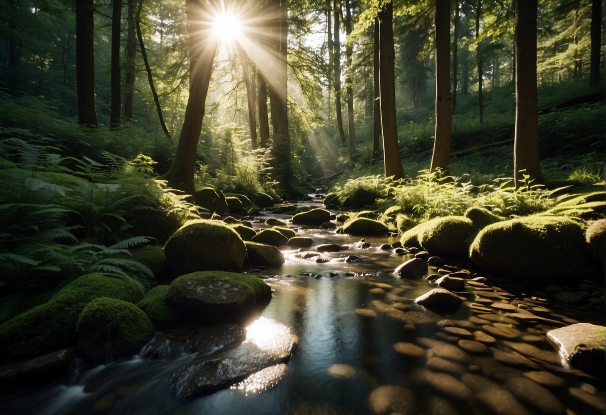 A serene forest with sunlight filtering through the trees, casting dappled shadows on the ground. A small stream flows gently, surrounded by vibrant greenery